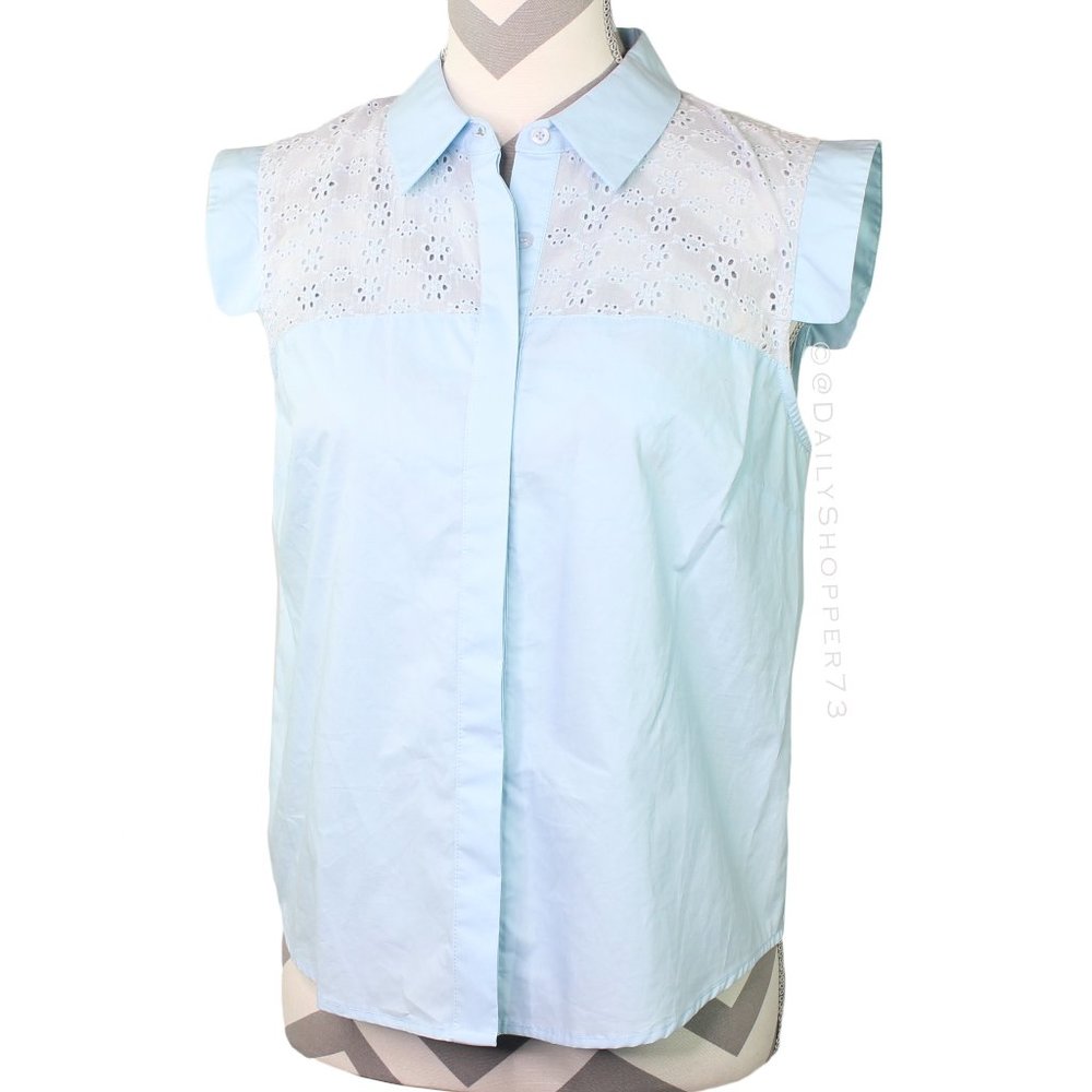 After Market Women's Pastel Blue Cap Sleeve Eyelet Lace Button-Up Shirt